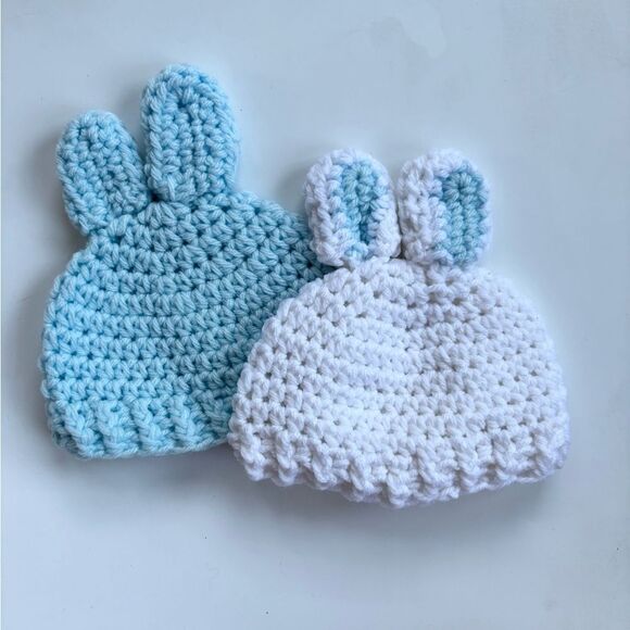 Bunny Crochet Baby Hat Set of 2 Blue 0-3 Mon - Picture 4 of 6